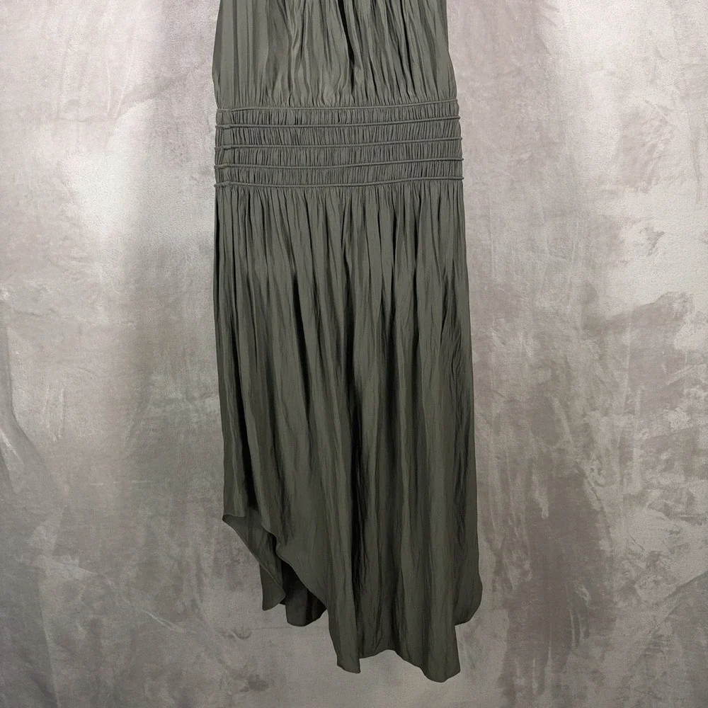 Ramy Brook Audrey Midi Dress Womens XS Olive Green Smocked Halter Stretch